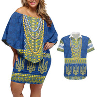 Ukraine Vyshyvanka Motif Couples Matching Off Shoulder Short Dress and Hawaiian Shirt Ukrainian Coat Of Arms Rose Patterns - Wonder Print Shop