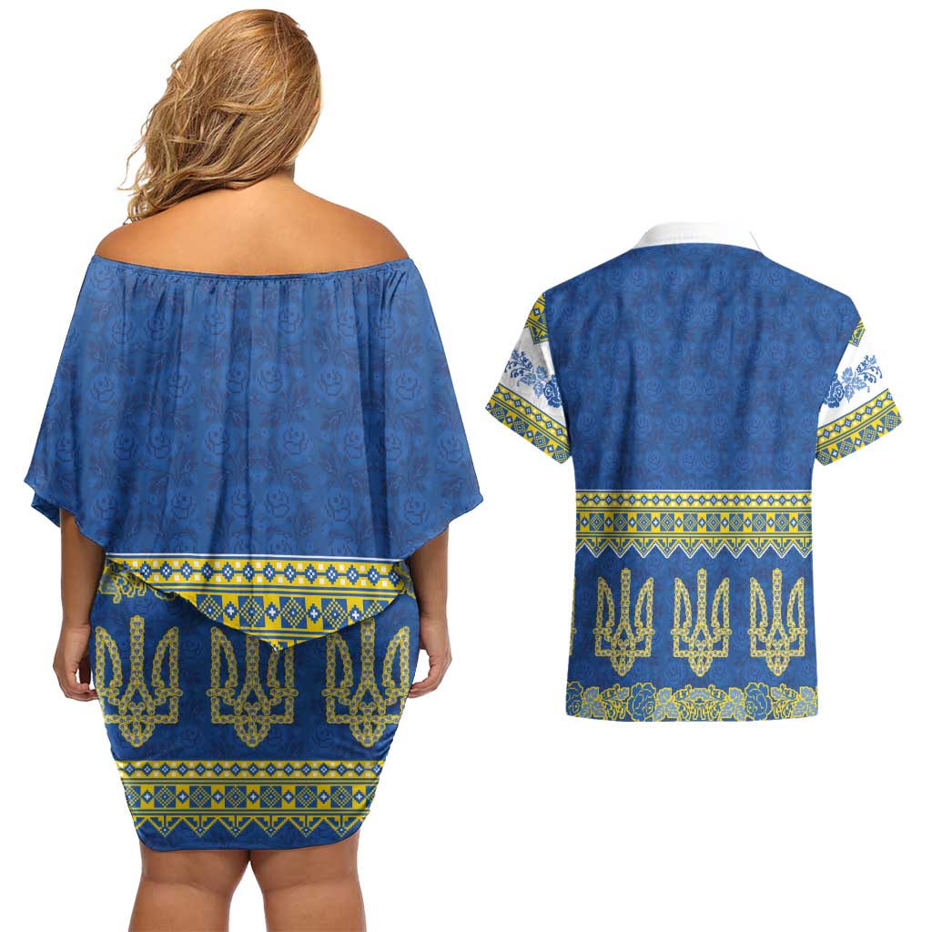Ukraine Vyshyvanka Motif Couples Matching Off Shoulder Short Dress and Hawaiian Shirt Ukrainian Coat Of Arms Rose Patterns - Wonder Print Shop