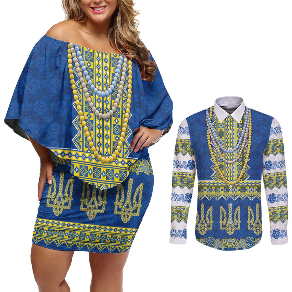 Ukraine Vyshyvanka Motif Couples Matching Off Shoulder Short Dress and Long Sleeve Button Shirt Ukrainian Coat Of Arms Rose Patterns - Wonder Print Shop