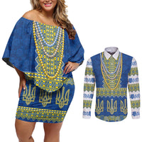Ukraine Vyshyvanka Motif Couples Matching Off Shoulder Short Dress and Long Sleeve Button Shirt Ukrainian Coat Of Arms Rose Patterns - Wonder Print Shop