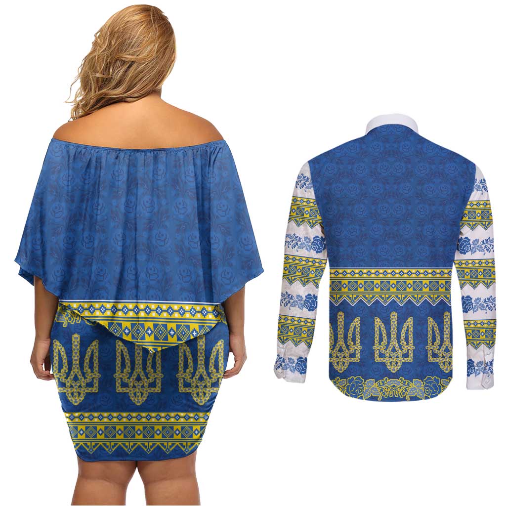 Ukraine Vyshyvanka Motif Couples Matching Off Shoulder Short Dress and Long Sleeve Button Shirt Ukrainian Coat Of Arms Rose Patterns - Wonder Print Shop