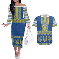 Ukraine Vyshyvanka Motif Couples Matching Off The Shoulder Long Sleeve Dress and Hawaiian Shirt Ukrainian Coat Of Arms Rose Patterns - Wonder Print Shop