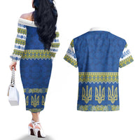 Ukraine Vyshyvanka Motif Couples Matching Off The Shoulder Long Sleeve Dress and Hawaiian Shirt Ukrainian Coat Of Arms Rose Patterns - Wonder Print Shop