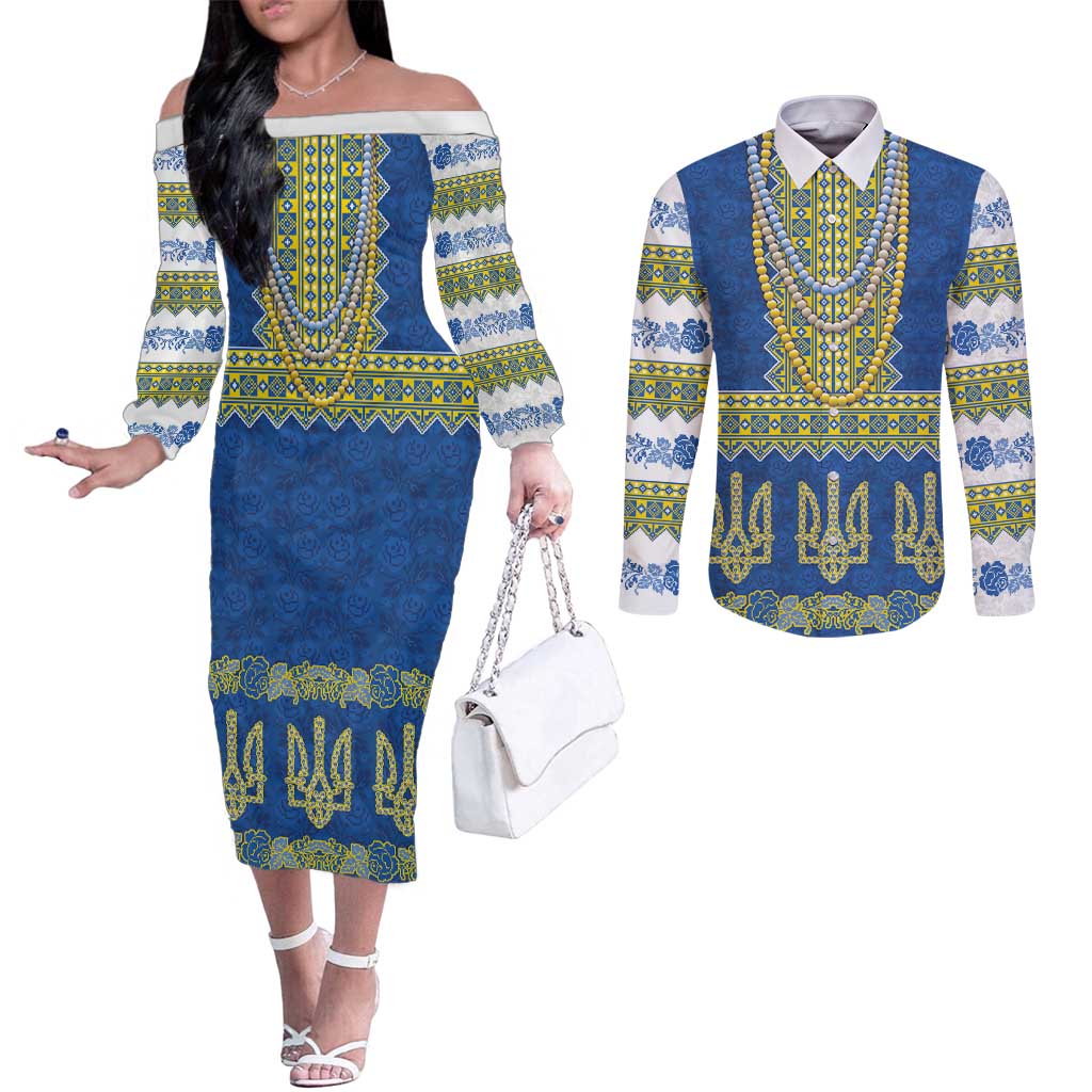 Ukraine Vyshyvanka Motif Couples Matching Off The Shoulder Long Sleeve Dress and Long Sleeve Button Shirt Ukrainian Coat Of Arms Rose Patterns - Wonder Print Shop