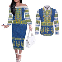 Ukraine Vyshyvanka Motif Couples Matching Off The Shoulder Long Sleeve Dress and Long Sleeve Button Shirt Ukrainian Coat Of Arms Rose Patterns - Wonder Print Shop
