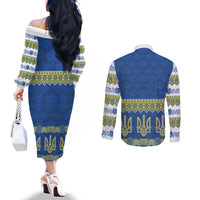 Ukraine Vyshyvanka Motif Couples Matching Off The Shoulder Long Sleeve Dress and Long Sleeve Button Shirt Ukrainian Coat Of Arms Rose Patterns - Wonder Print Shop