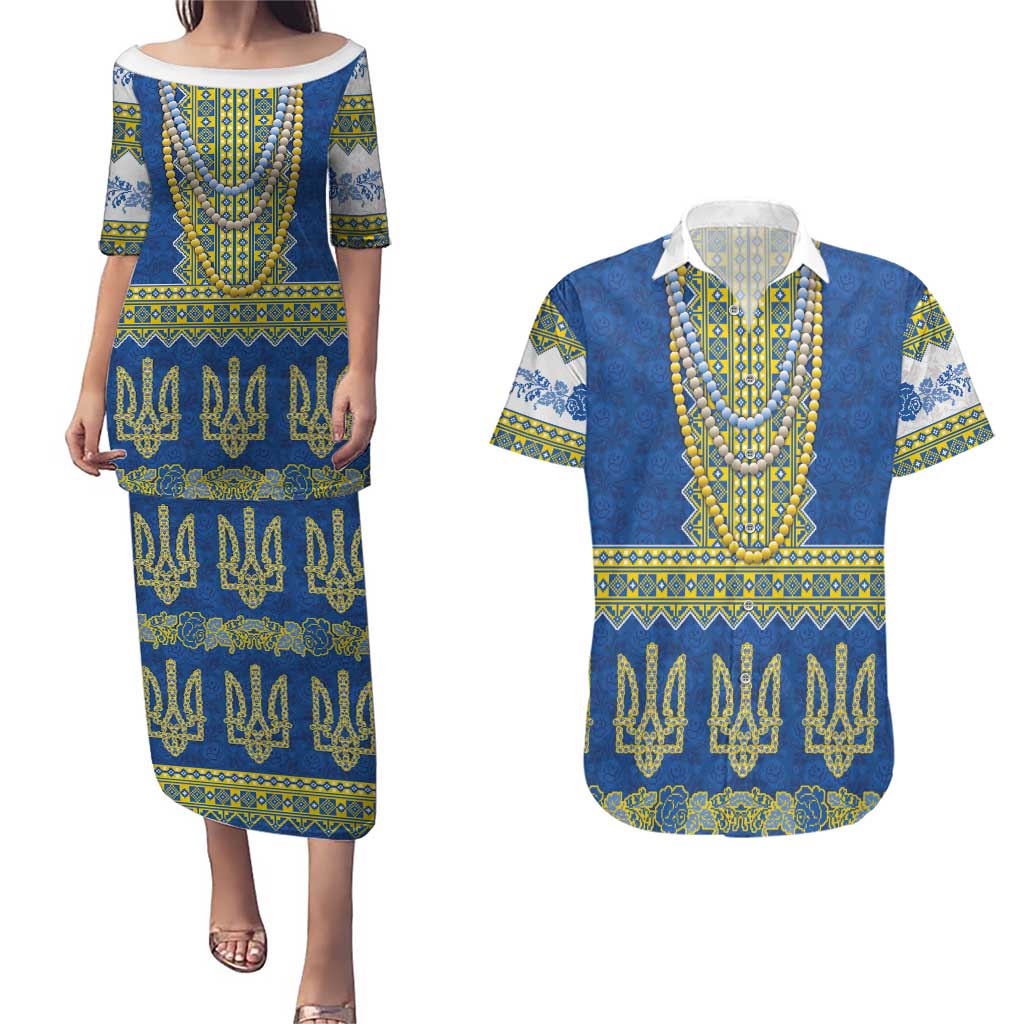 Ukraine Vyshyvanka Motif Couples Matching Puletasi and Hawaiian Shirt Ukrainian Coat Of Arms Rose Patterns - Wonder Print Shop