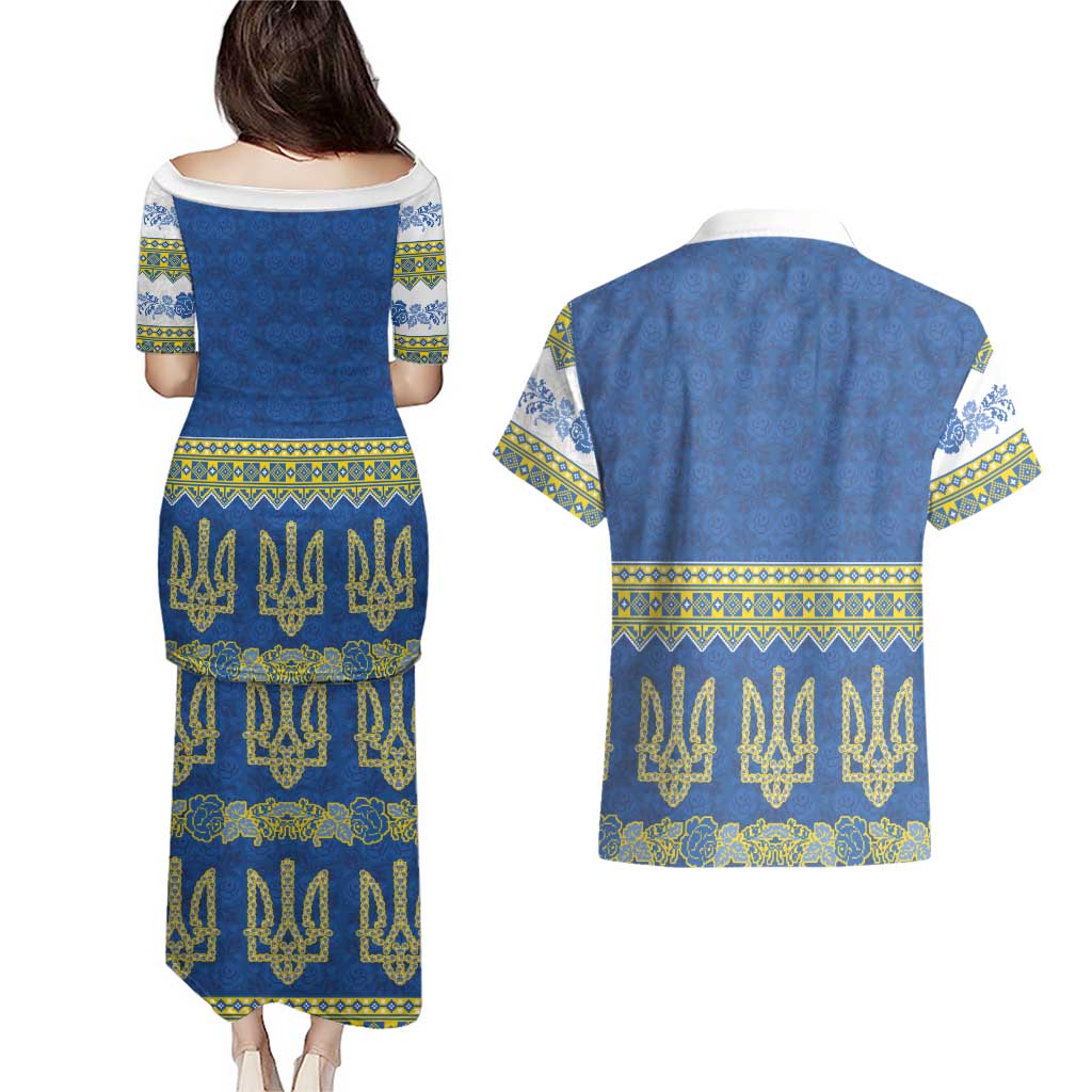 Ukraine Vyshyvanka Motif Couples Matching Puletasi and Hawaiian Shirt Ukrainian Coat Of Arms Rose Patterns - Wonder Print Shop