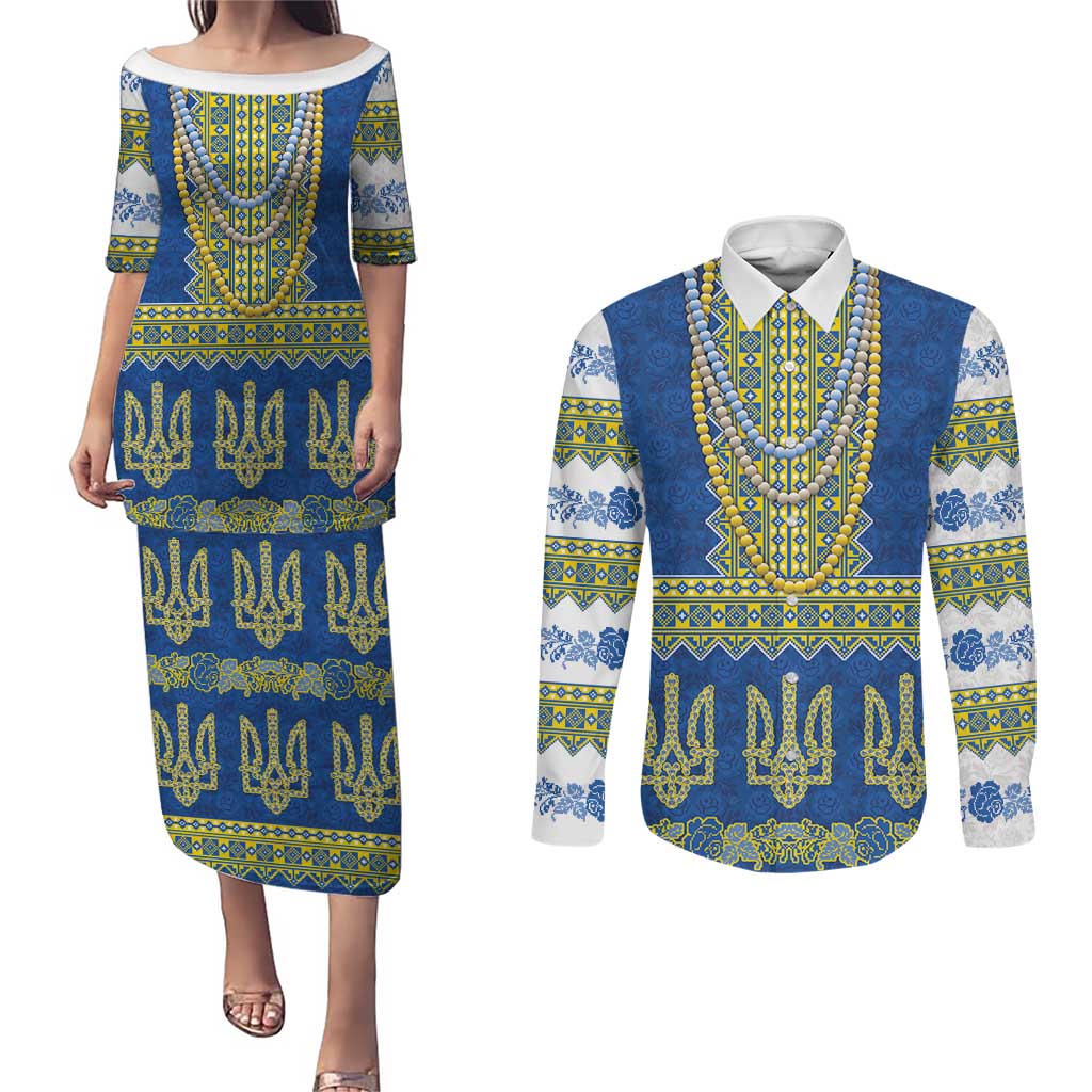Ukraine Vyshyvanka Motif Couples Matching Puletasi and Long Sleeve Button Shirt Ukrainian Coat Of Arms Rose Patterns - Wonder Print Shop