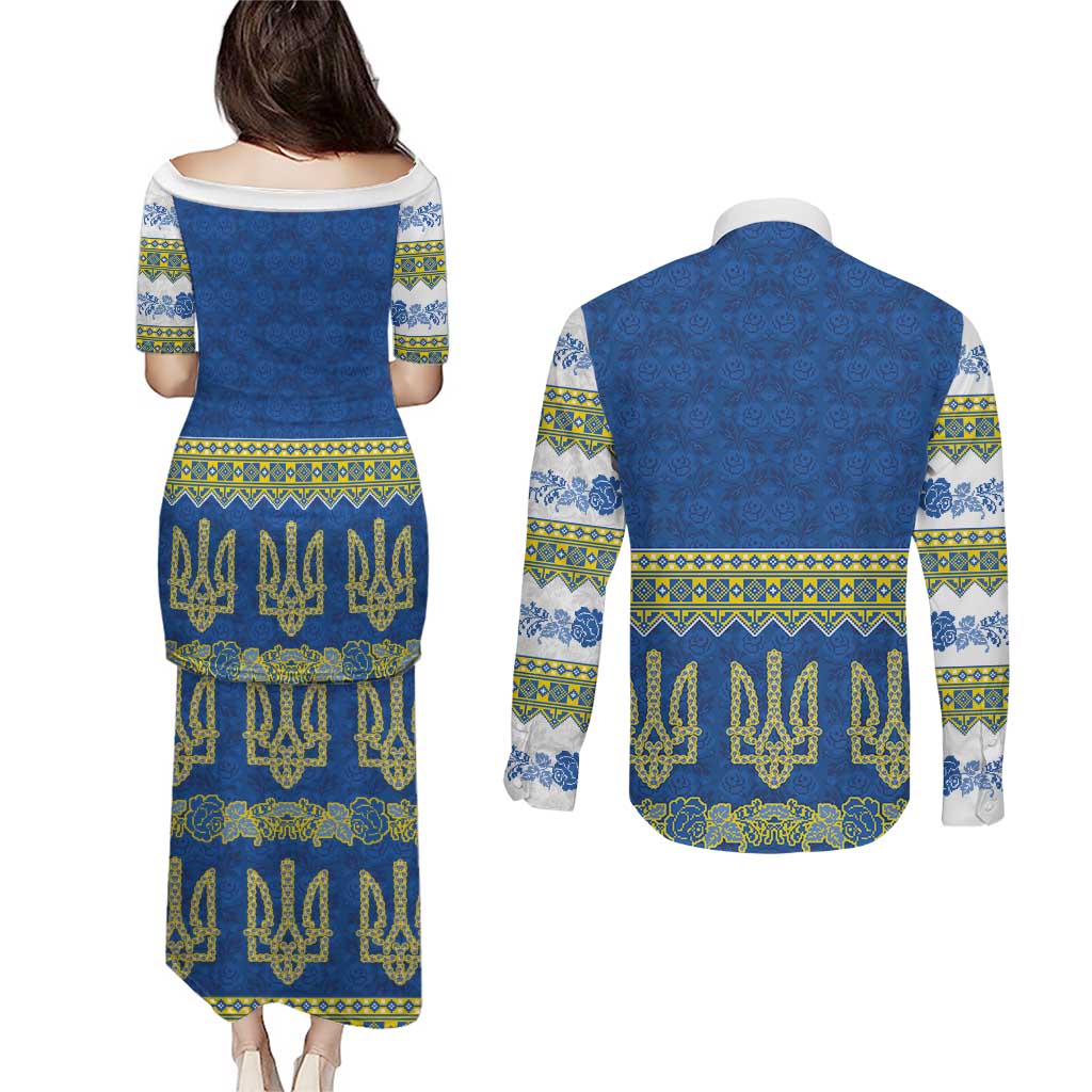 Ukraine Vyshyvanka Motif Couples Matching Puletasi and Long Sleeve Button Shirt Ukrainian Coat Of Arms Rose Patterns - Wonder Print Shop
