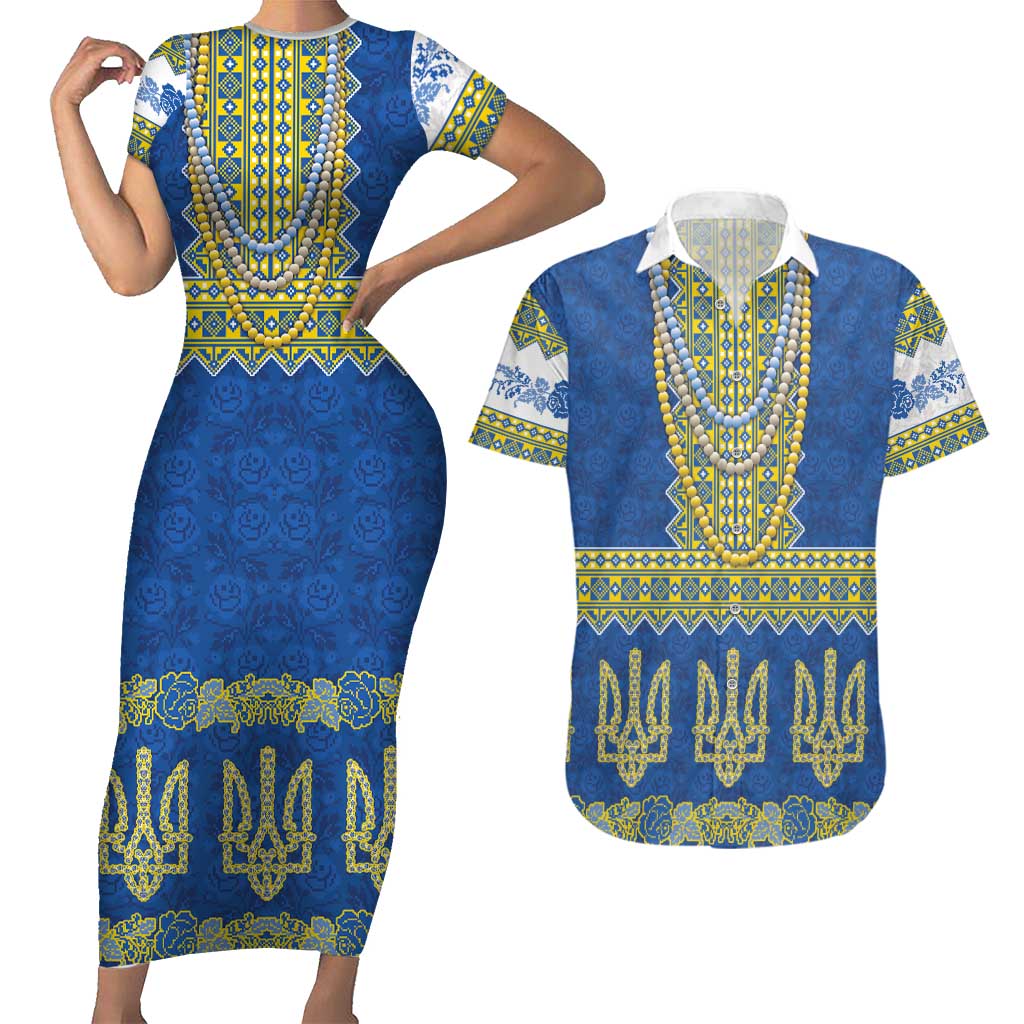 Ukraine Vyshyvanka Motif Couples Matching Short Sleeve Bodycon Dress and Hawaiian Shirt Ukrainian Coat Of Arms Rose Patterns - Wonder Print Shop