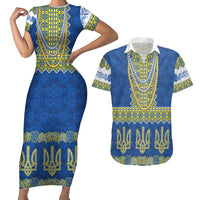 Ukraine Vyshyvanka Motif Couples Matching Short Sleeve Bodycon Dress and Hawaiian Shirt Ukrainian Coat Of Arms Rose Patterns - Wonder Print Shop