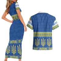 Ukraine Vyshyvanka Motif Couples Matching Short Sleeve Bodycon Dress and Hawaiian Shirt Ukrainian Coat Of Arms Rose Patterns - Wonder Print Shop