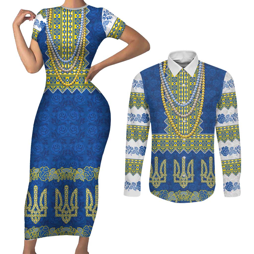 Ukraine Vyshyvanka Motif Couples Matching Short Sleeve Bodycon Dress and Long Sleeve Button Shirt Ukrainian Coat Of Arms Rose Patterns - Wonder Print Shop
