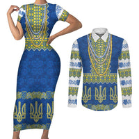Ukraine Vyshyvanka Motif Couples Matching Short Sleeve Bodycon Dress and Long Sleeve Button Shirt Ukrainian Coat Of Arms Rose Patterns - Wonder Print Shop