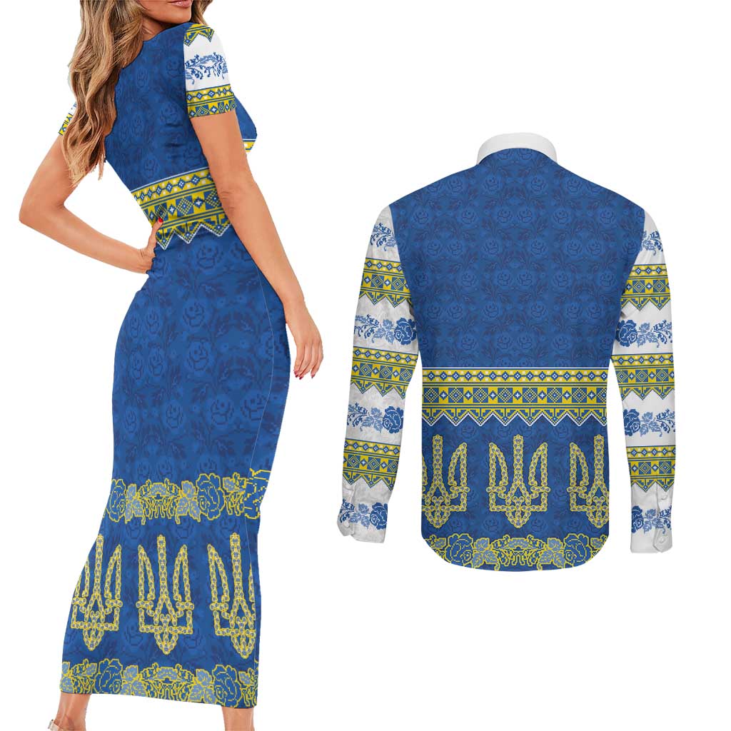 Ukraine Vyshyvanka Motif Couples Matching Short Sleeve Bodycon Dress and Long Sleeve Button Shirt Ukrainian Coat Of Arms Rose Patterns - Wonder Print Shop