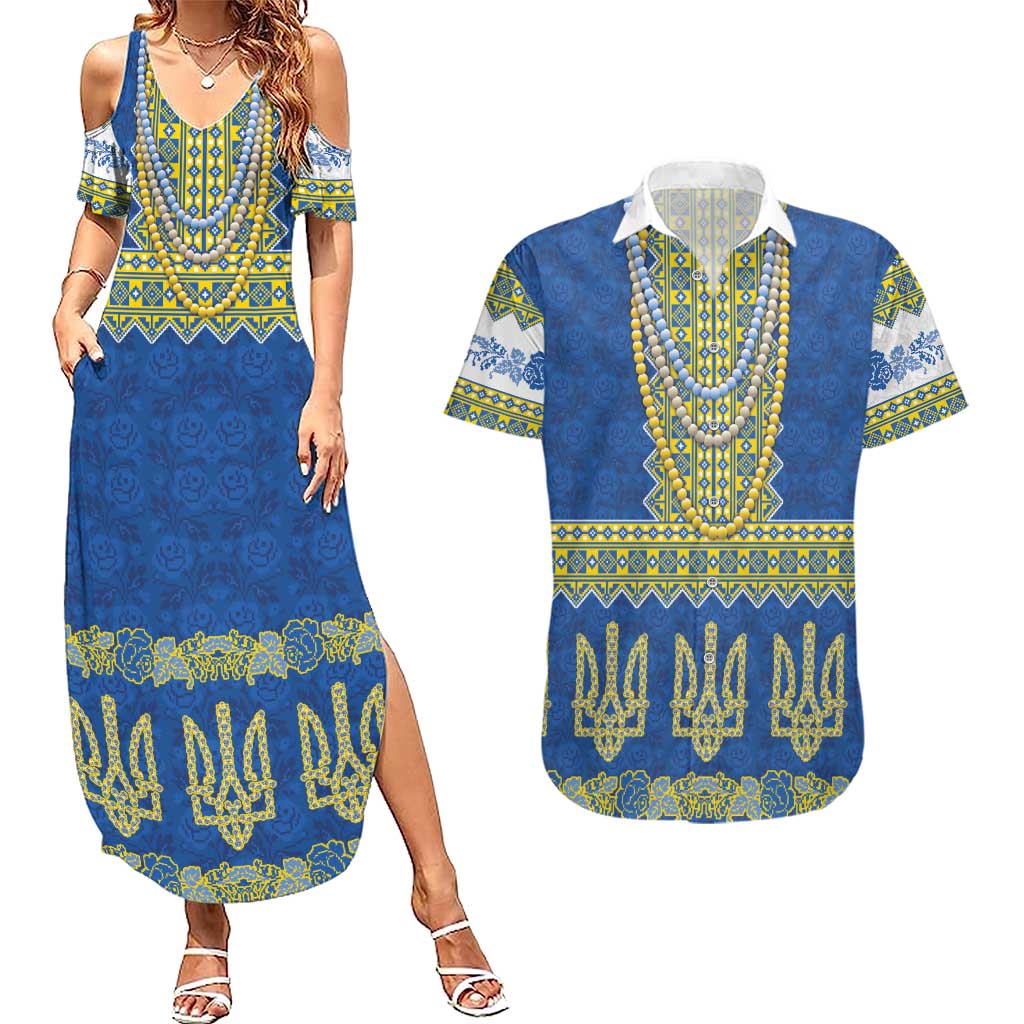 Ukraine Vyshyvanka Motif Couples Matching Summer Maxi Dress and Hawaiian Shirt Ukrainian Coat Of Arms Rose Patterns - Wonder Print Shop
