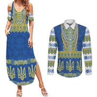 Ukraine Vyshyvanka Motif Couples Matching Summer Maxi Dress and Long Sleeve Button Shirt Ukrainian Coat Of Arms Rose Patterns - Wonder Print Shop