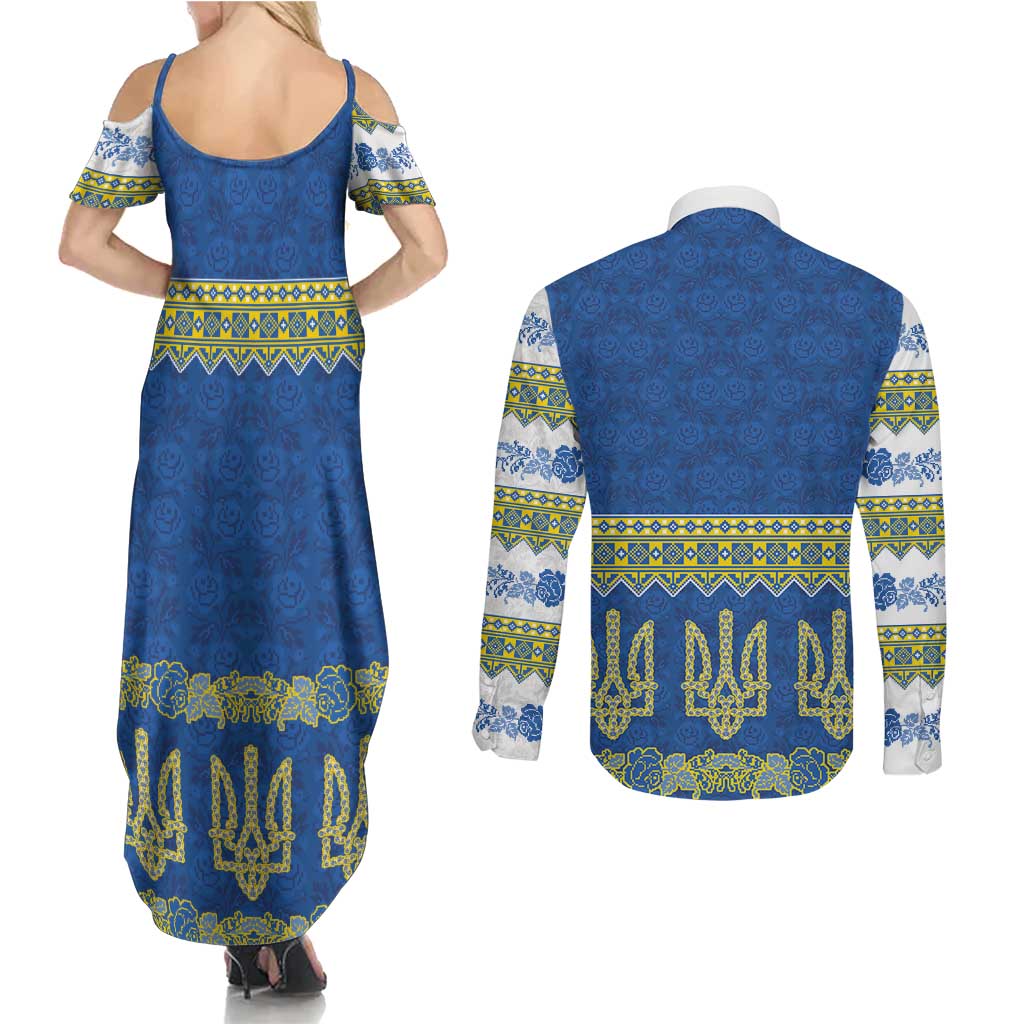 Ukraine Vyshyvanka Motif Couples Matching Summer Maxi Dress and Long Sleeve Button Shirt Ukrainian Coat Of Arms Rose Patterns - Wonder Print Shop