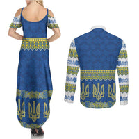 Ukraine Vyshyvanka Motif Couples Matching Summer Maxi Dress and Long Sleeve Button Shirt Ukrainian Coat Of Arms Rose Patterns - Wonder Print Shop