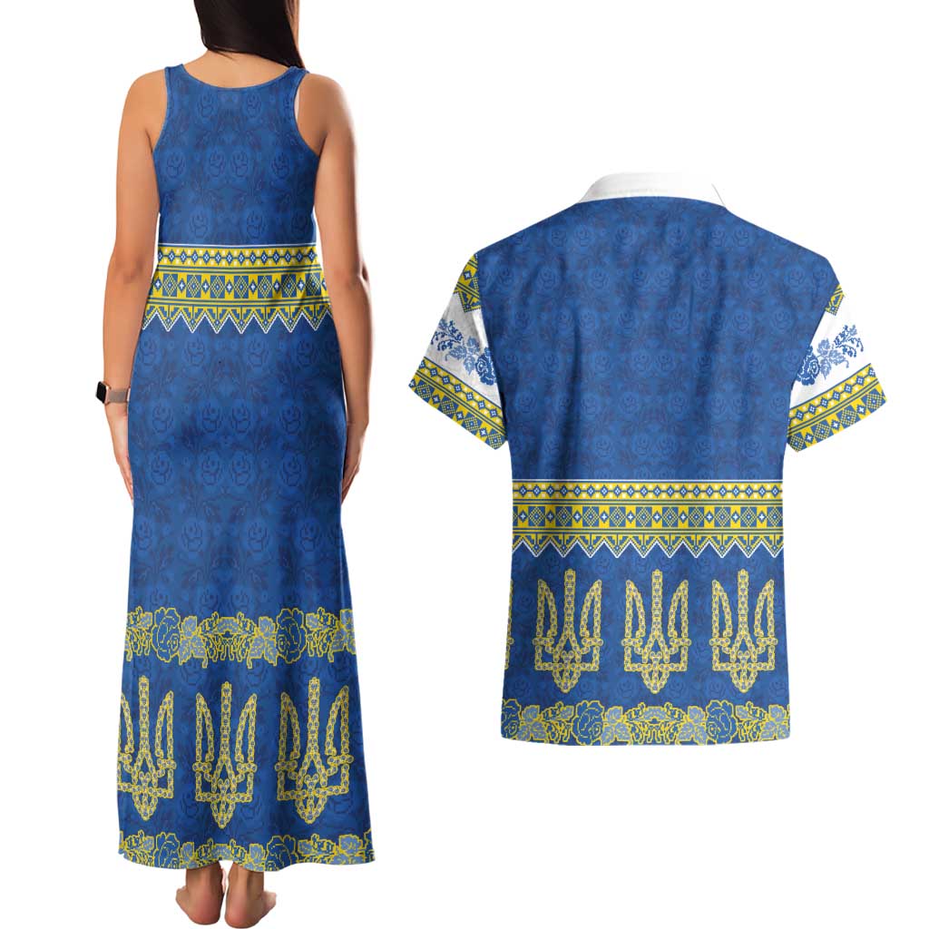 Ukraine Vyshyvanka Motif Couples Matching Tank Maxi Dress and Hawaiian Shirt Ukrainian Coat Of Arms Rose Patterns - Wonder Print Shop