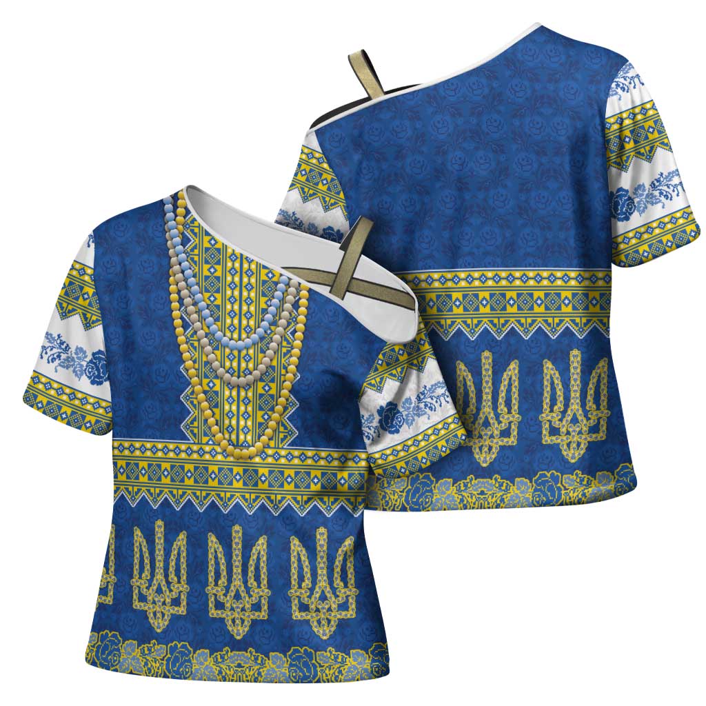Ukraine Vyshyvanka Motif Cross Shoulder Shirt Ukrainian Coat Of Arms Rose Patterns - Wonder Print Shop