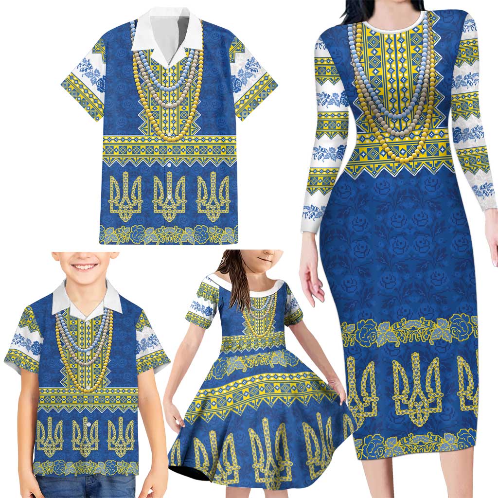 Ukraine Vyshyvanka Motif Family Matching Long Sleeve Bodycon Dress and Hawaiian Shirt Ukrainian Coat Of Arms Rose Patterns - Wonder Print Shop