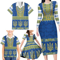 Ukraine Vyshyvanka Motif Family Matching Long Sleeve Bodycon Dress and Hawaiian Shirt Ukrainian Coat Of Arms Rose Patterns - Wonder Print Shop
