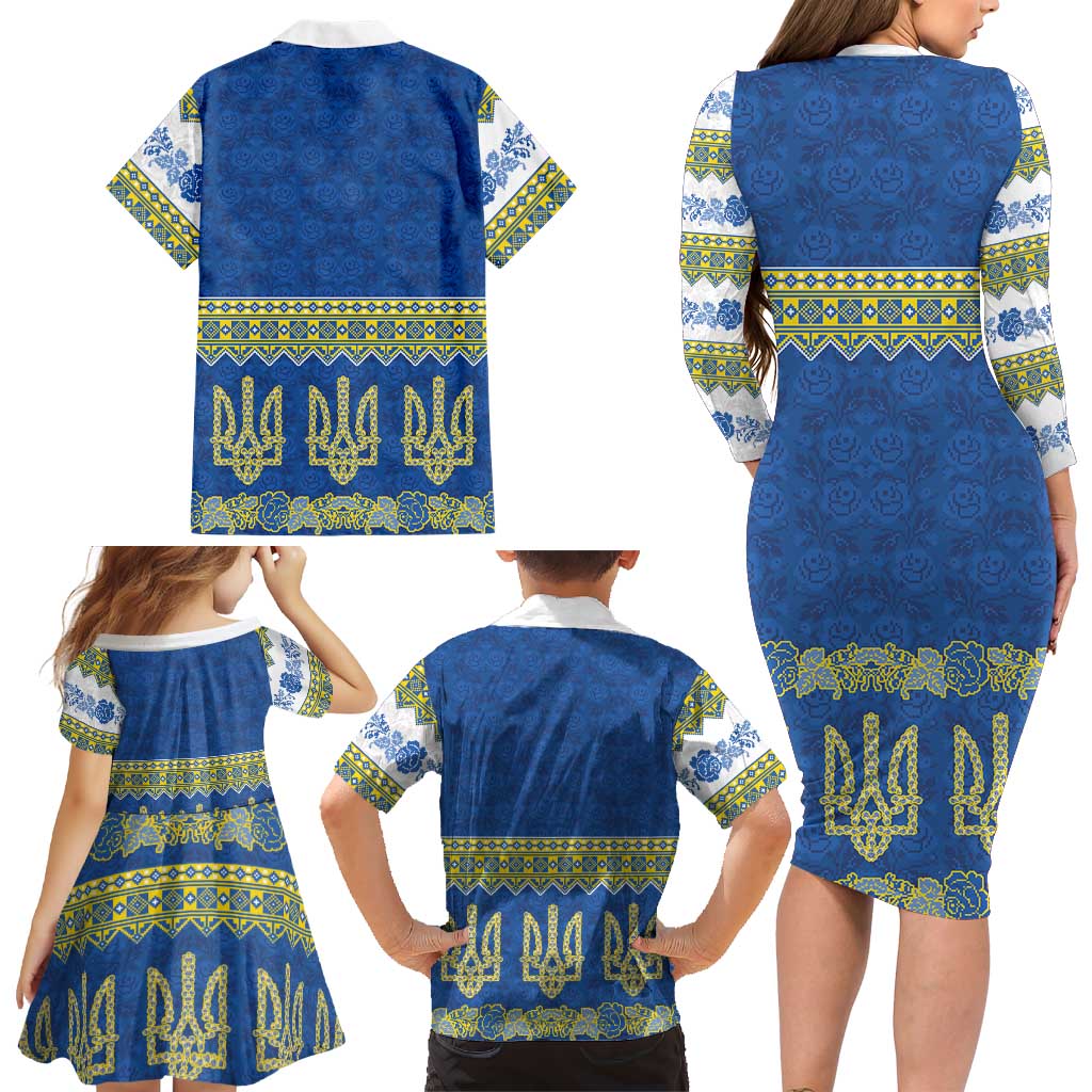 Ukraine Vyshyvanka Motif Family Matching Long Sleeve Bodycon Dress and Hawaiian Shirt Ukrainian Coat Of Arms Rose Patterns - Wonder Print Shop