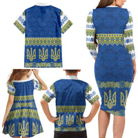 Ukraine Vyshyvanka Motif Family Matching Long Sleeve Bodycon Dress and Hawaiian Shirt Ukrainian Coat Of Arms Rose Patterns - Wonder Print Shop