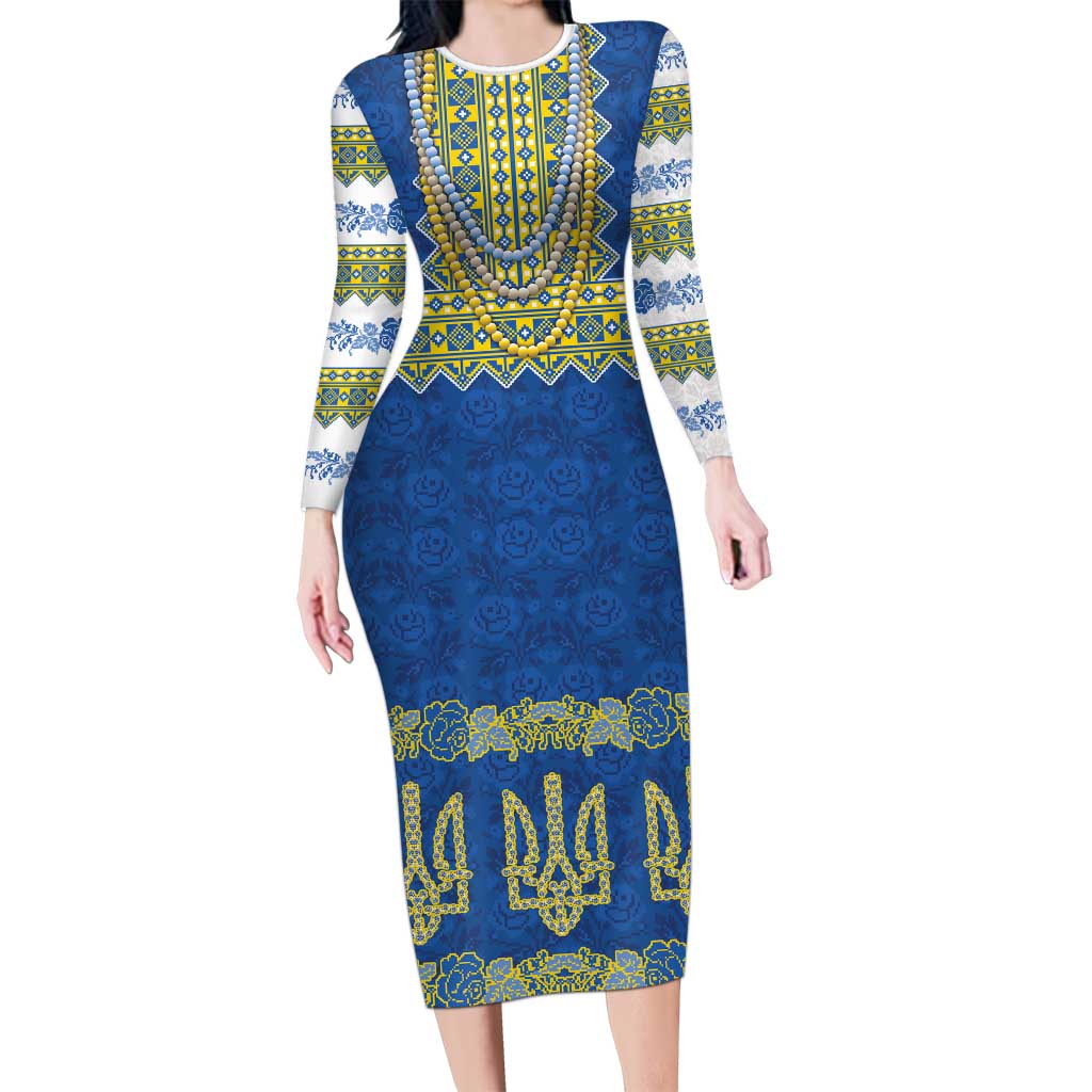 Ukraine Vyshyvanka Motif Family Matching Long Sleeve Bodycon Dress and Hawaiian Shirt Ukrainian Coat Of Arms Rose Patterns - Wonder Print Shop