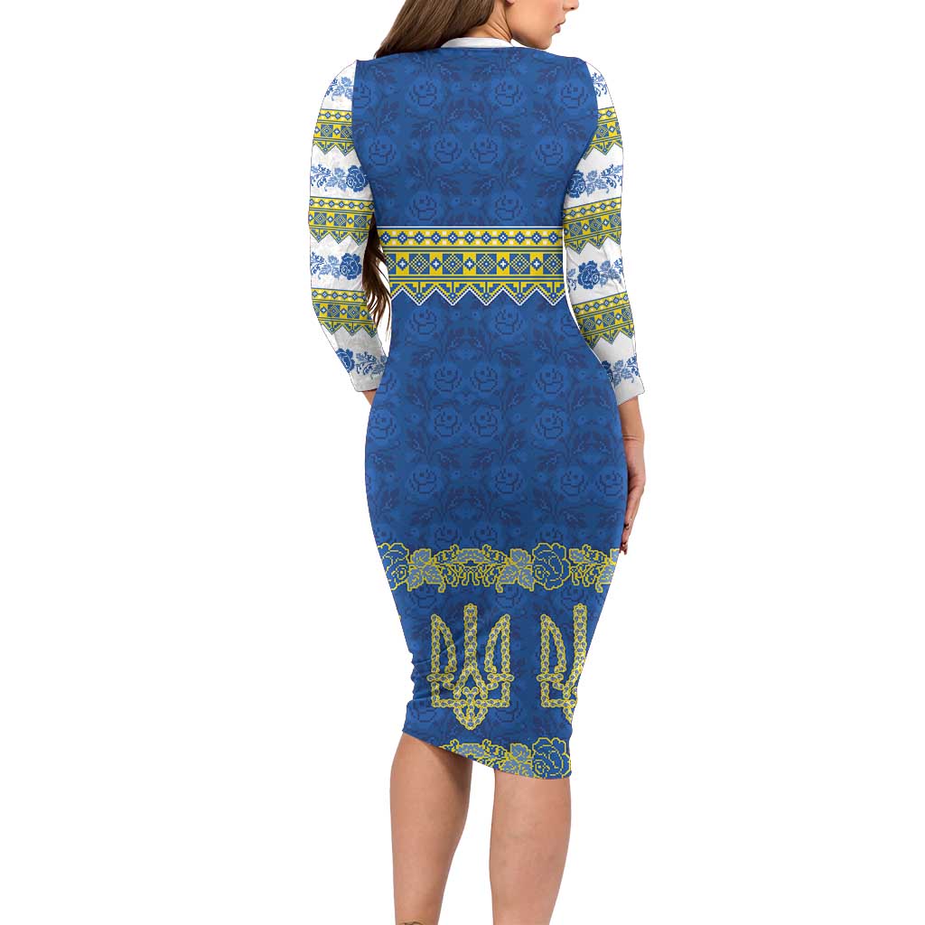 Ukraine Vyshyvanka Motif Family Matching Long Sleeve Bodycon Dress and Hawaiian Shirt Ukrainian Coat Of Arms Rose Patterns - Wonder Print Shop