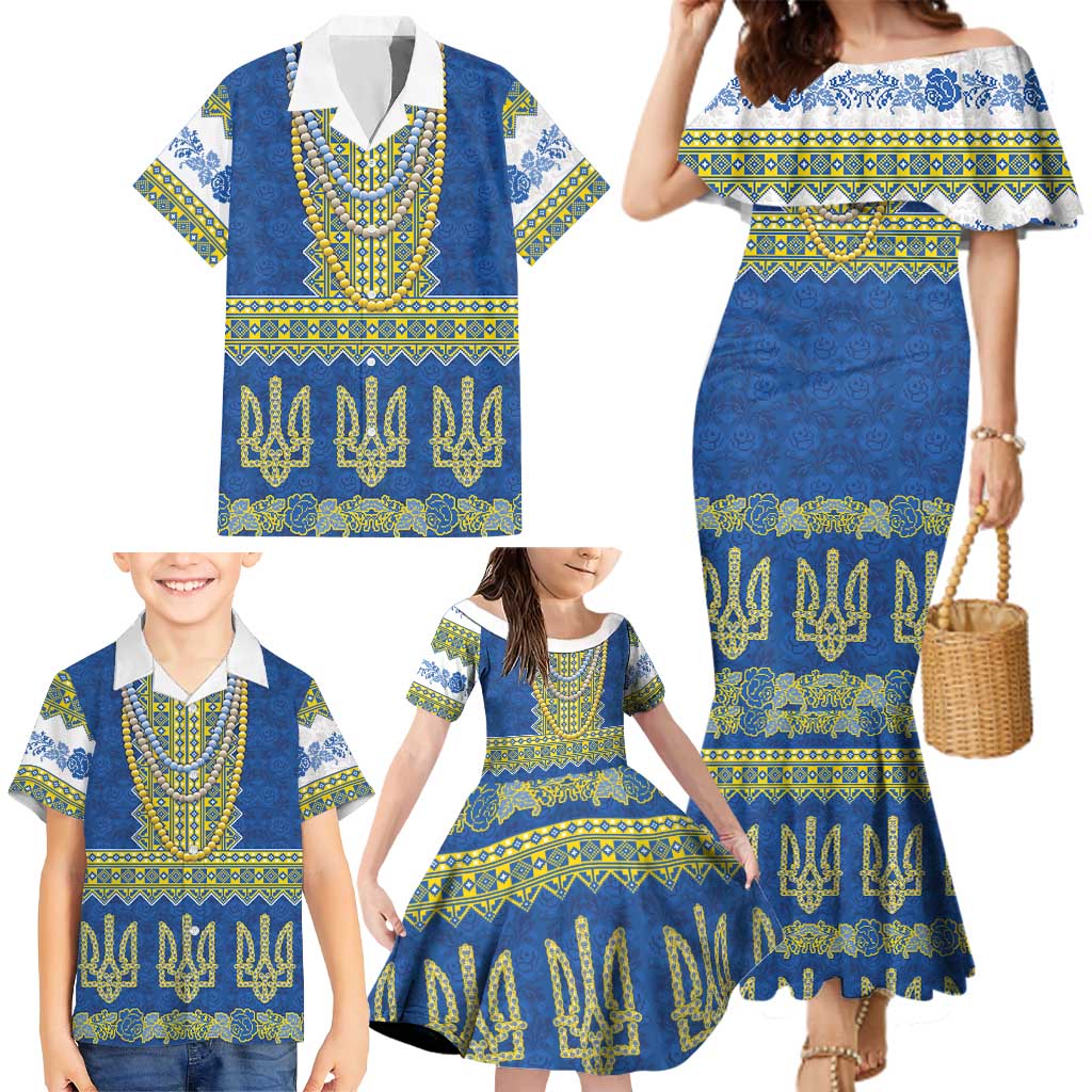 Ukraine Vyshyvanka Motif Family Matching Mermaid Dress and Hawaiian Shirt Ukrainian Coat Of Arms Rose Patterns - Wonder Print Shop