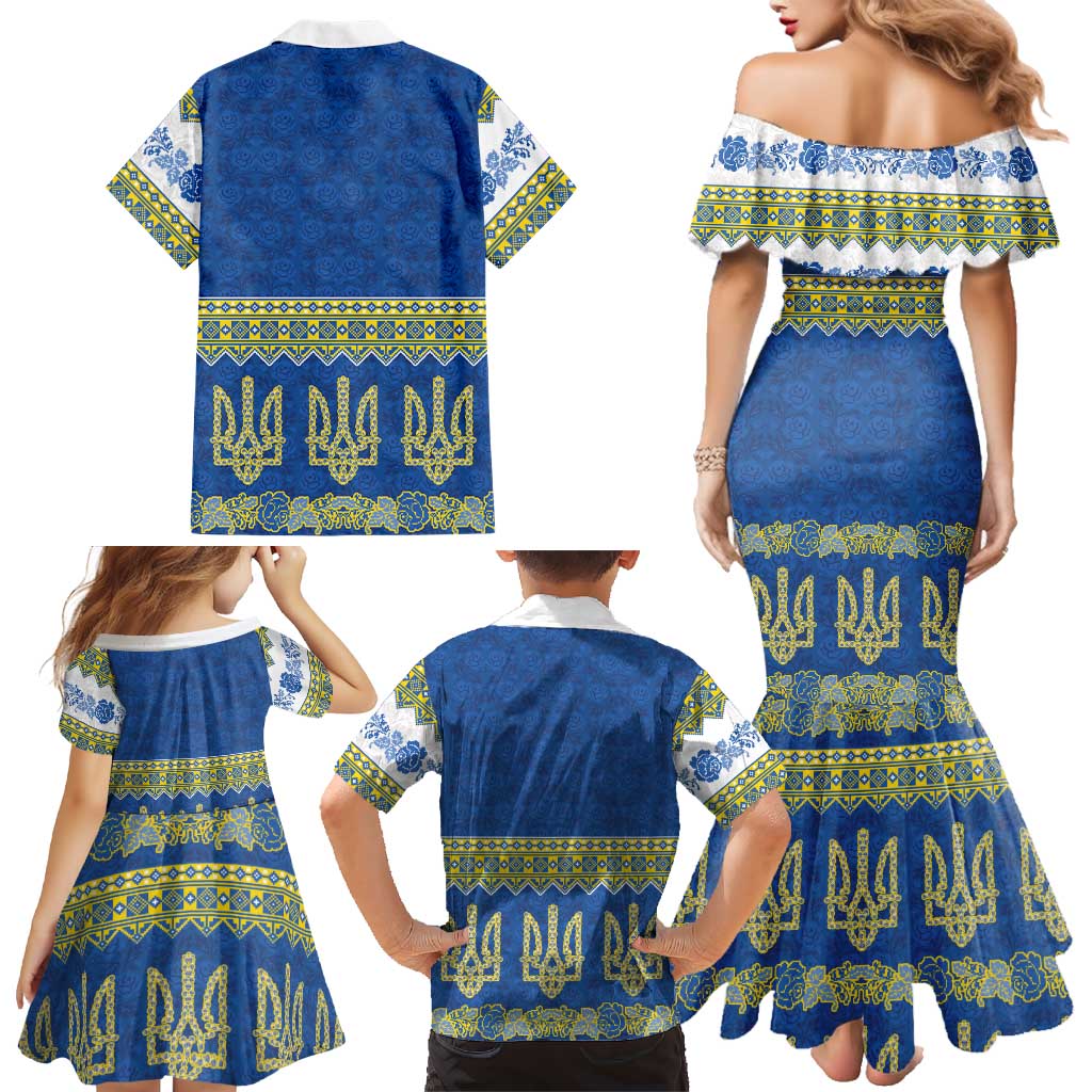 Ukraine Vyshyvanka Motif Family Matching Mermaid Dress and Hawaiian Shirt Ukrainian Coat Of Arms Rose Patterns - Wonder Print Shop