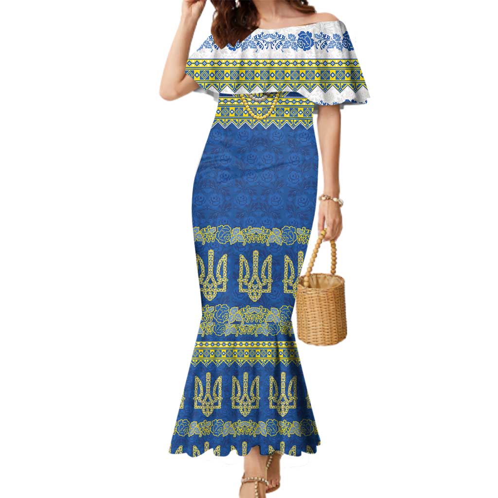 Ukraine Vyshyvanka Motif Family Matching Mermaid Dress and Hawaiian Shirt Ukrainian Coat Of Arms Rose Patterns - Wonder Print Shop