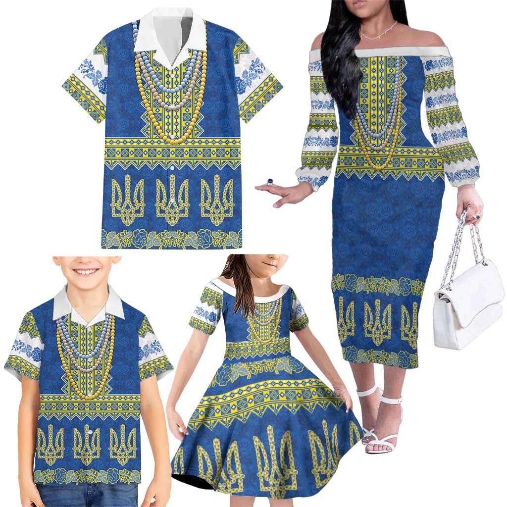 Ukraine Vyshyvanka Motif Family Matching Off The Shoulder Long Sleeve Dress and Hawaiian Shirt Ukrainian Coat Of Arms Rose Patterns - Wonder Print Shop