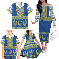 Ukraine Vyshyvanka Motif Family Matching Off The Shoulder Long Sleeve Dress and Hawaiian Shirt Ukrainian Coat Of Arms Rose Patterns - Wonder Print Shop