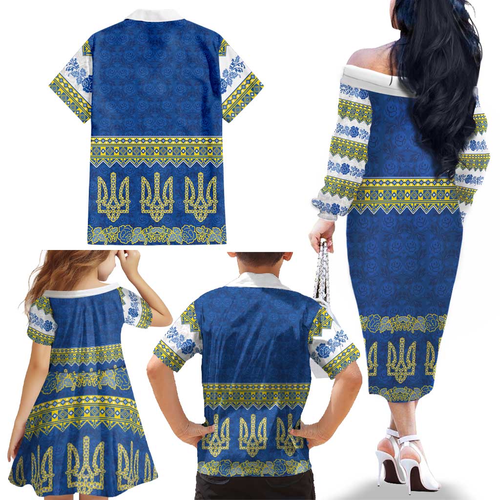 Ukraine Vyshyvanka Motif Family Matching Off The Shoulder Long Sleeve Dress and Hawaiian Shirt Ukrainian Coat Of Arms Rose Patterns - Wonder Print Shop