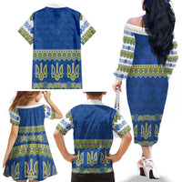 Ukraine Vyshyvanka Motif Family Matching Off The Shoulder Long Sleeve Dress and Hawaiian Shirt Ukrainian Coat Of Arms Rose Patterns - Wonder Print Shop