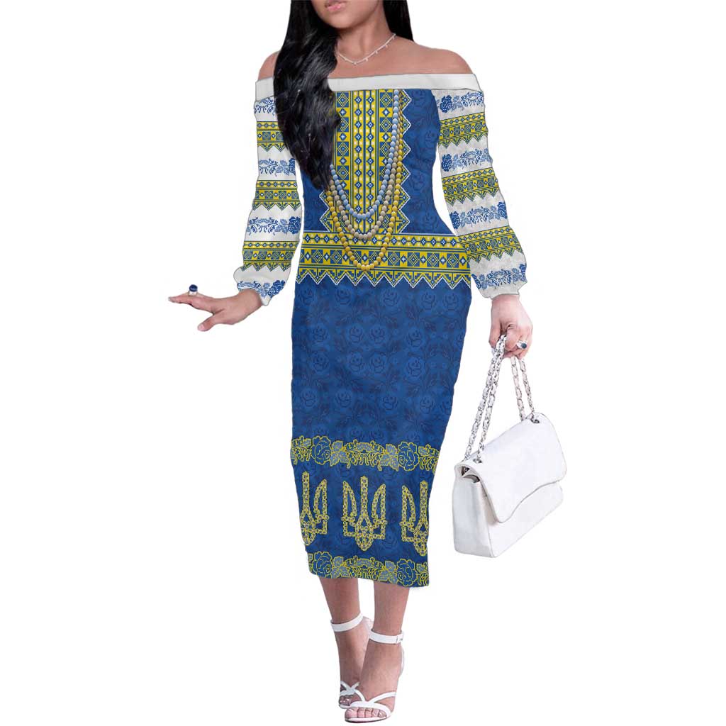 Ukraine Vyshyvanka Motif Family Matching Off The Shoulder Long Sleeve Dress and Hawaiian Shirt Ukrainian Coat Of Arms Rose Patterns - Wonder Print Shop