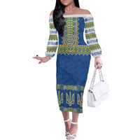 Ukraine Vyshyvanka Motif Family Matching Off The Shoulder Long Sleeve Dress and Hawaiian Shirt Ukrainian Coat Of Arms Rose Patterns - Wonder Print Shop