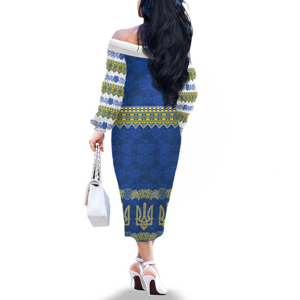 Ukraine Vyshyvanka Motif Family Matching Off The Shoulder Long Sleeve Dress and Hawaiian Shirt Ukrainian Coat Of Arms Rose Patterns - Wonder Print Shop
