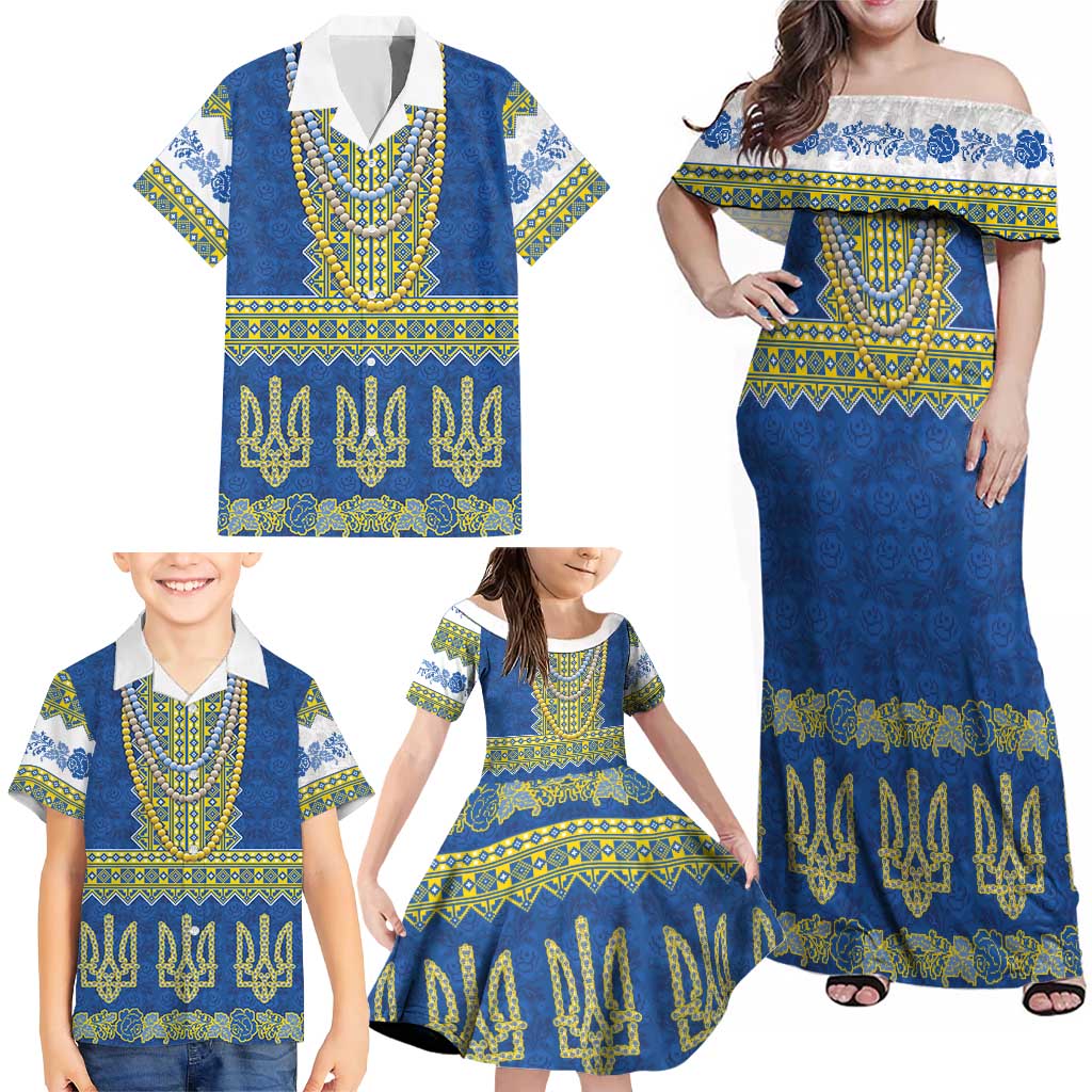 Ukraine Vyshyvanka Motif Family Matching Off Shoulder Maxi Dress and Hawaiian Shirt Ukrainian Coat Of Arms Rose Patterns - Wonder Print Shop