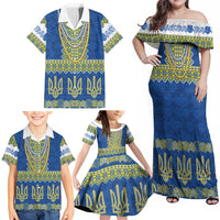 Ukraine Vyshyvanka Motif Family Matching Off Shoulder Maxi Dress and Hawaiian Shirt Ukrainian Coat Of Arms Rose Patterns - Wonder Print Shop