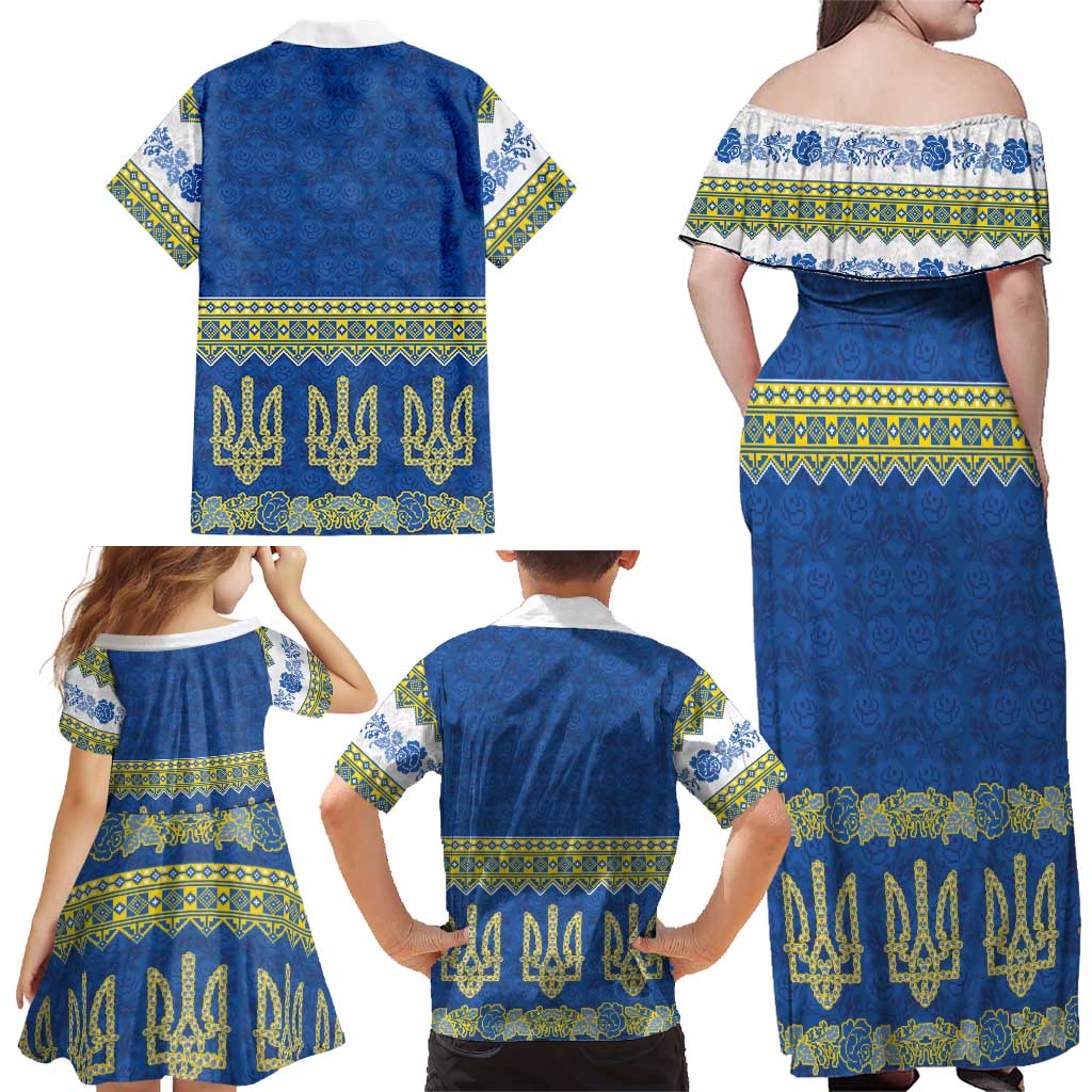 Ukraine Vyshyvanka Motif Family Matching Off Shoulder Maxi Dress and Hawaiian Shirt Ukrainian Coat Of Arms Rose Patterns - Wonder Print Shop