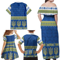 Ukraine Vyshyvanka Motif Family Matching Off Shoulder Maxi Dress and Hawaiian Shirt Ukrainian Coat Of Arms Rose Patterns - Wonder Print Shop