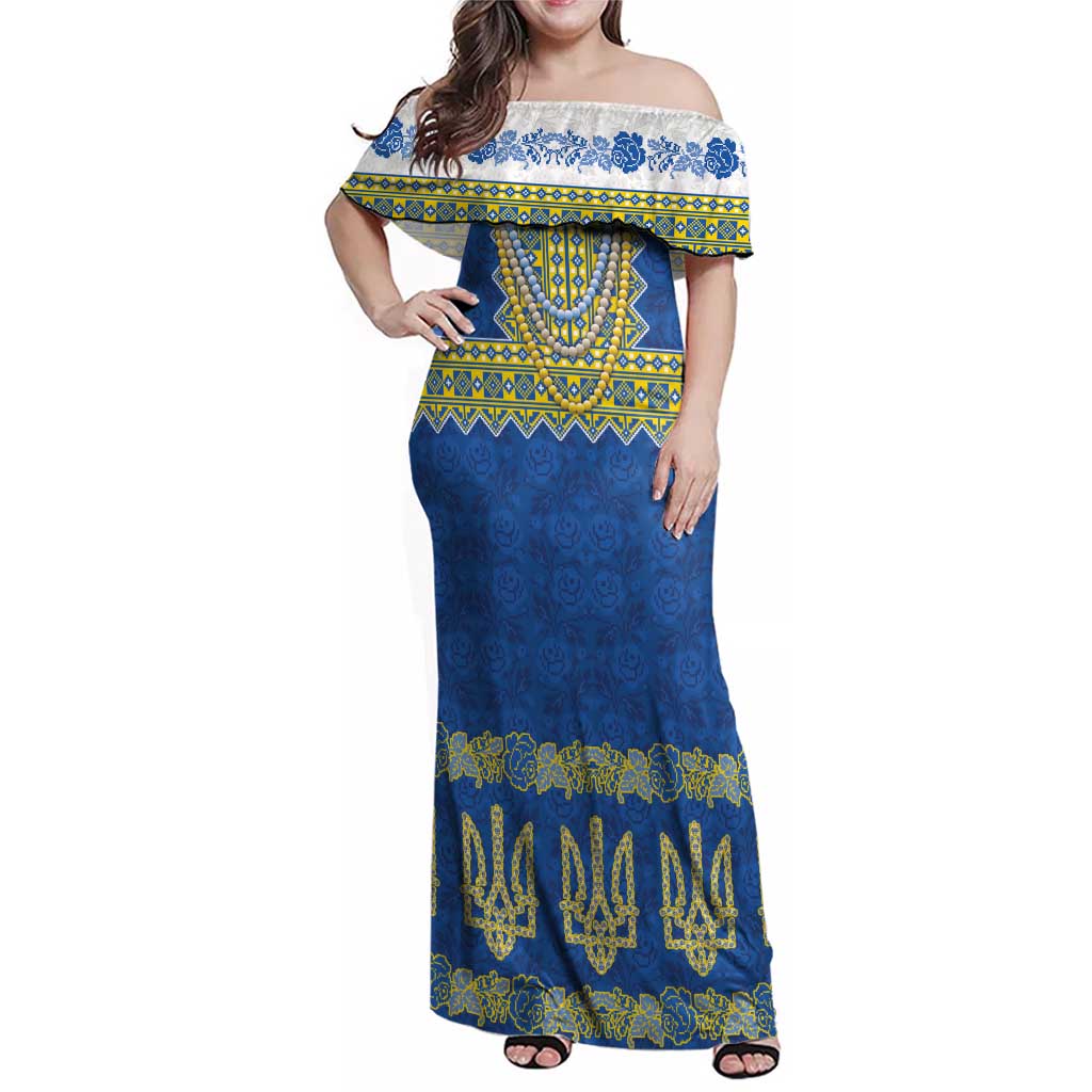 Ukraine Vyshyvanka Motif Family Matching Off Shoulder Maxi Dress and Hawaiian Shirt Ukrainian Coat Of Arms Rose Patterns - Wonder Print Shop