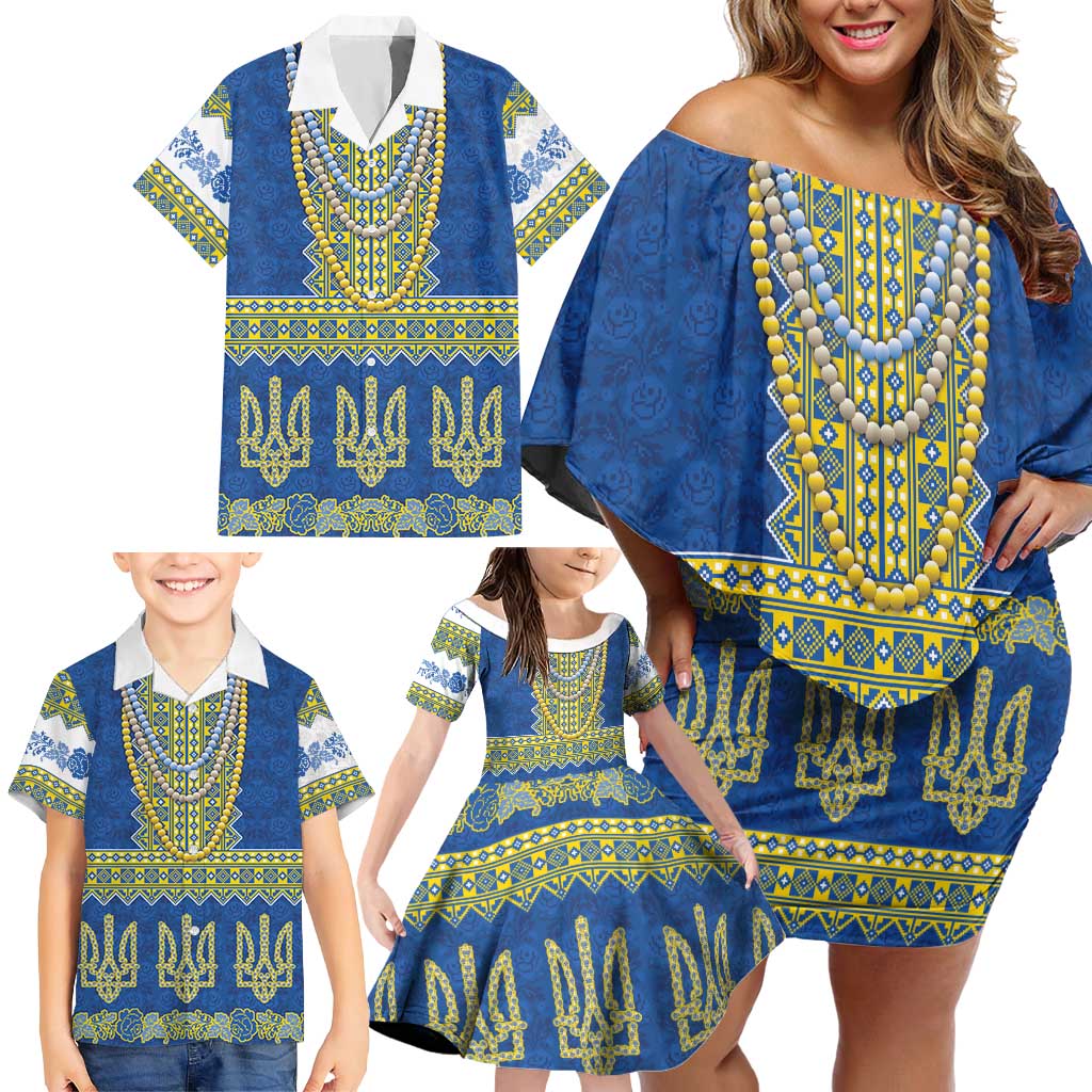 Ukraine Vyshyvanka Motif Family Matching Off Shoulder Short Dress and Hawaiian Shirt Ukrainian Coat Of Arms Rose Patterns - Wonder Print Shop