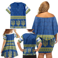 Ukraine Vyshyvanka Motif Family Matching Off Shoulder Short Dress and Hawaiian Shirt Ukrainian Coat Of Arms Rose Patterns - Wonder Print Shop