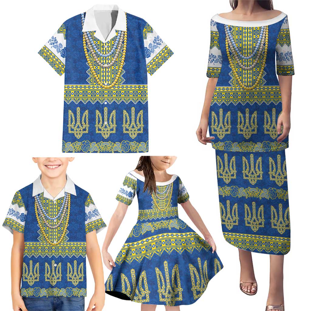 Ukraine Vyshyvanka Motif Family Matching Puletasi and Hawaiian Shirt Ukrainian Coat Of Arms Rose Patterns - Wonder Print Shop